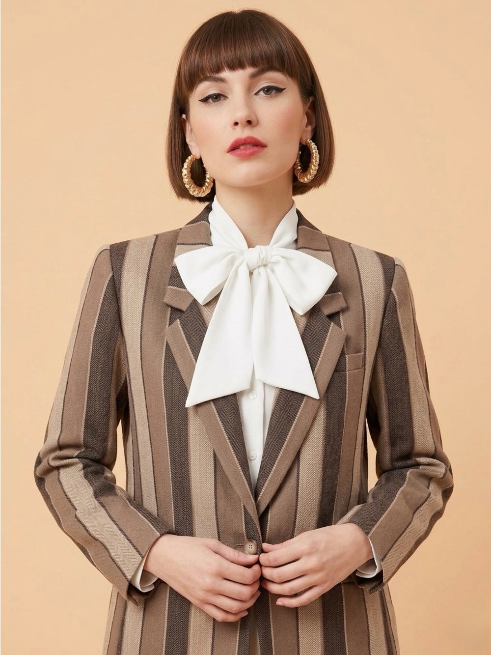 Vintage 90s Stirling Cooper London NY 100% Wool Striped Herringbone Blazer Brown - Picture 2 of 13